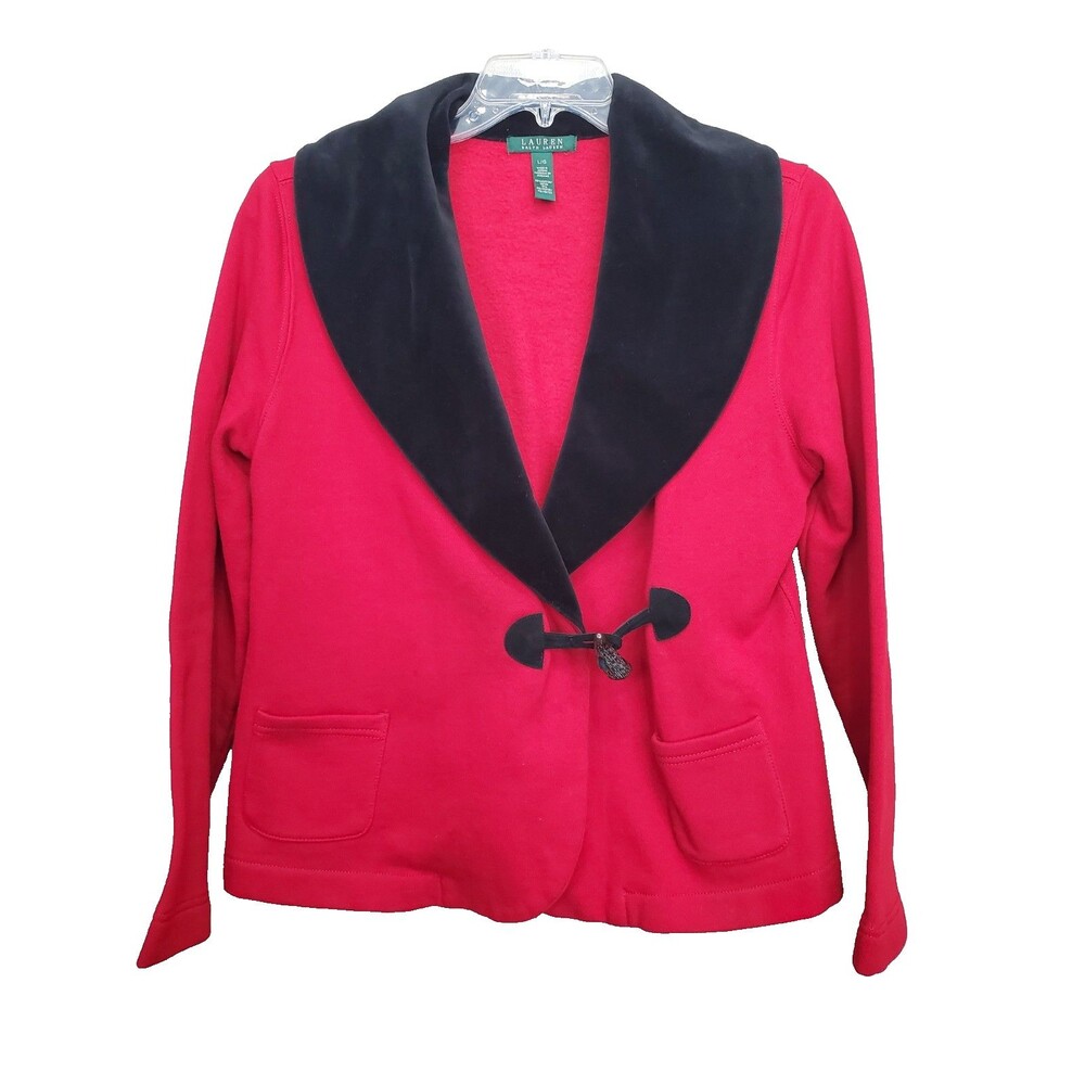 Lauren Ralph Lauren Women's Red Knit Velvet Collar Leather Toggle Jacket Size L